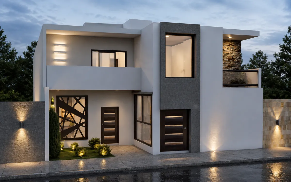 Render fotorrealista de fachada residencial con acabados de piedra y madera, vista diurna