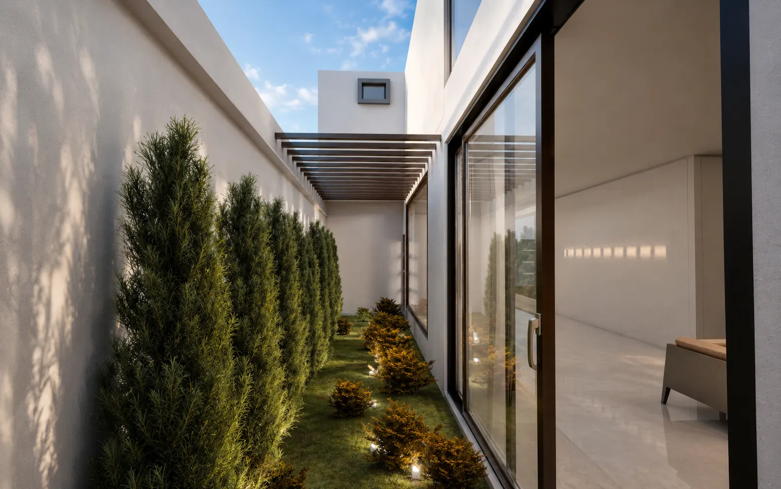 Render de jardín lateral con pérgola, cancelería y vegetación al atardecer