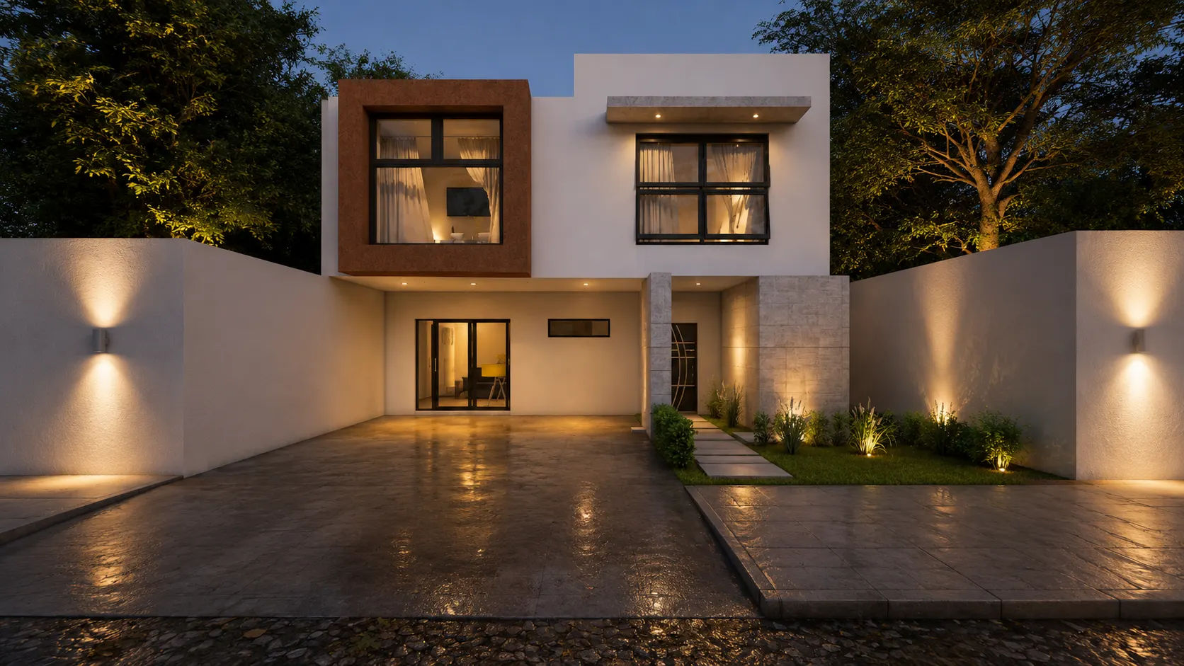 Render de fachada residencial con iluminación nocturna