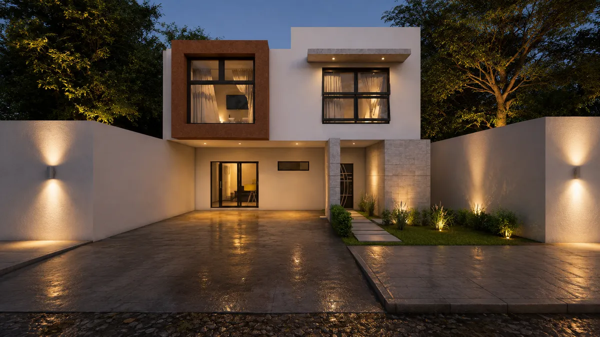 Render fotorrealista de fachada residencial de piedra y madera con iluminación nocturna