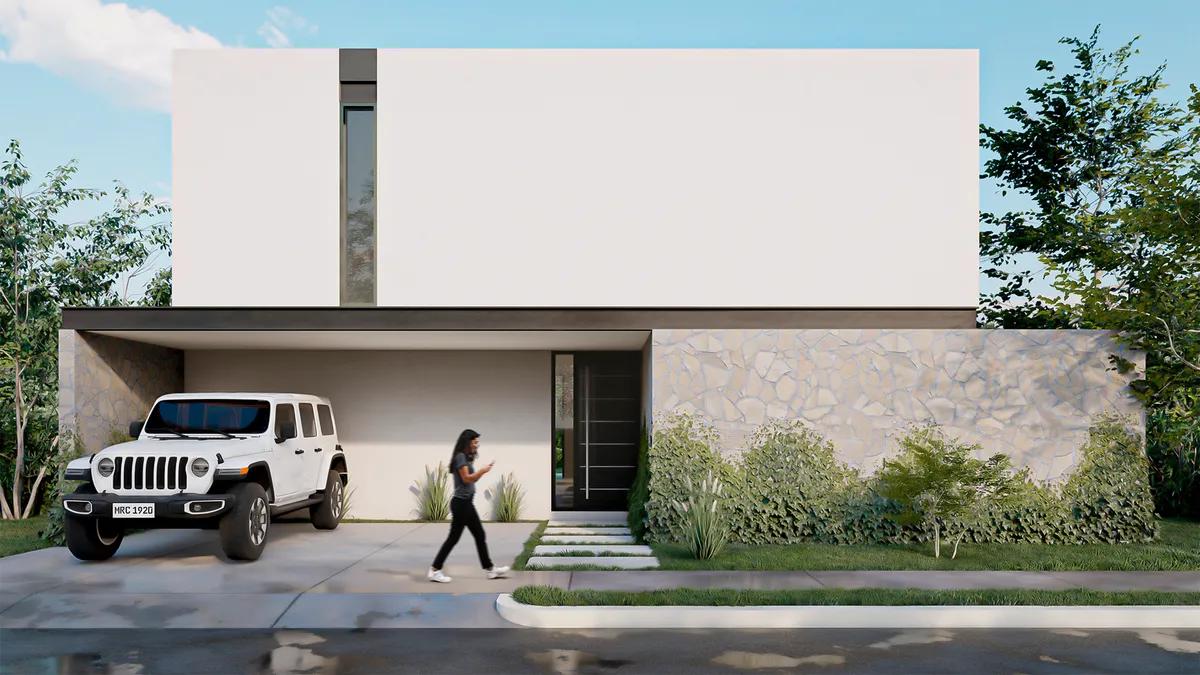 Render fotorrealista de fachada residencial minimalista con automóvil y peatón en la calle