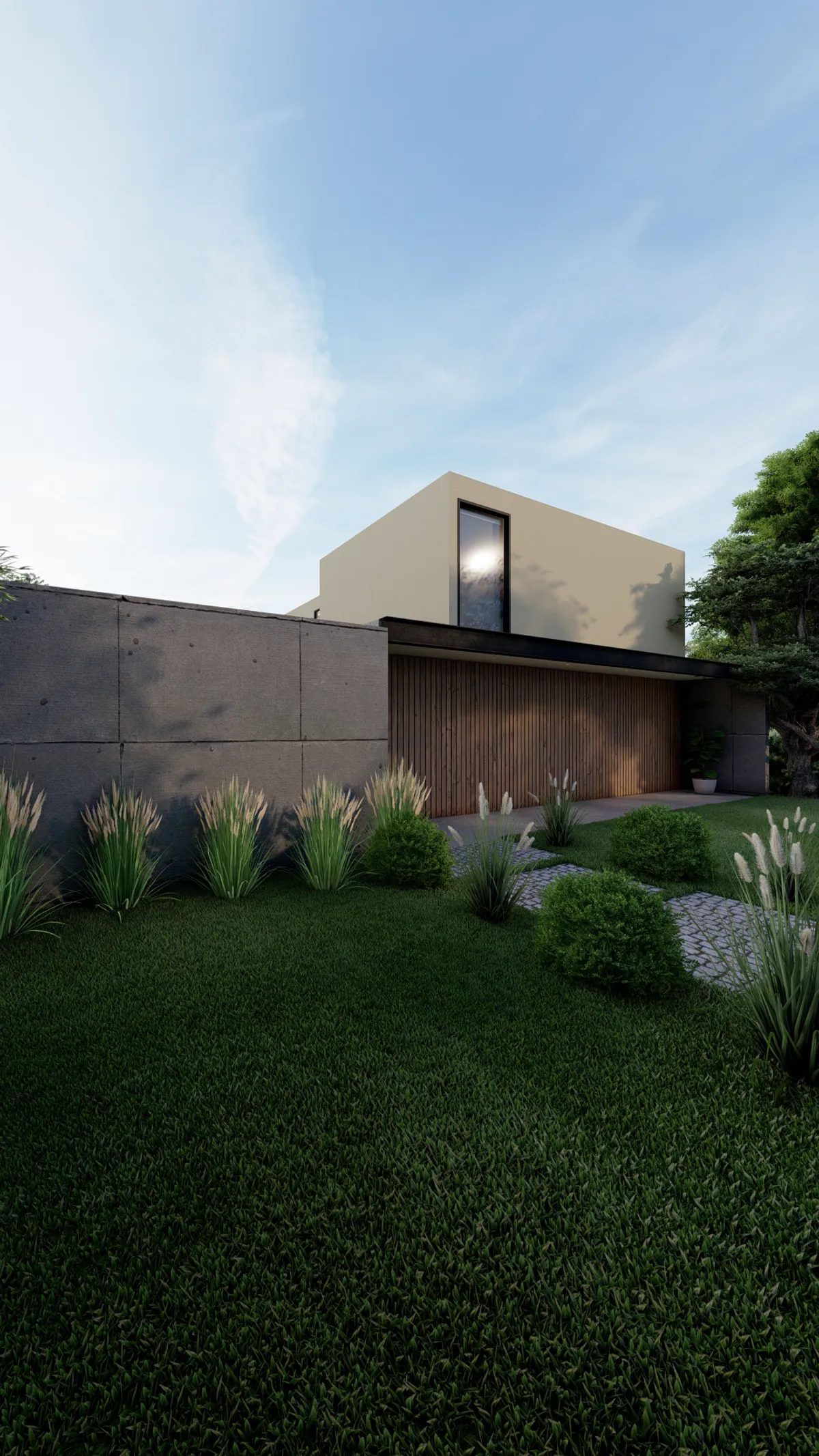 Render fotorrealista de fachada residencial minimalista con jardín lateral