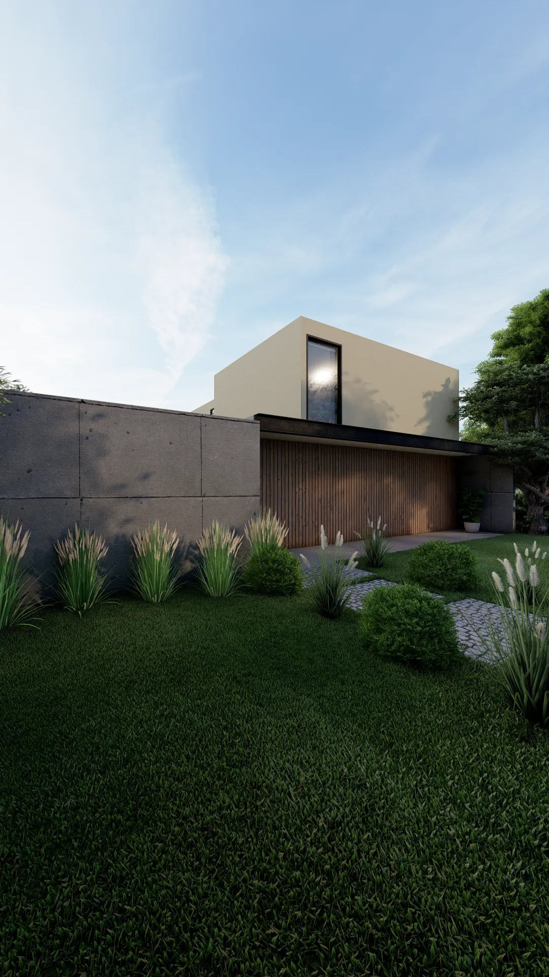 Render de fachada minimalista con amplio jardín lateral