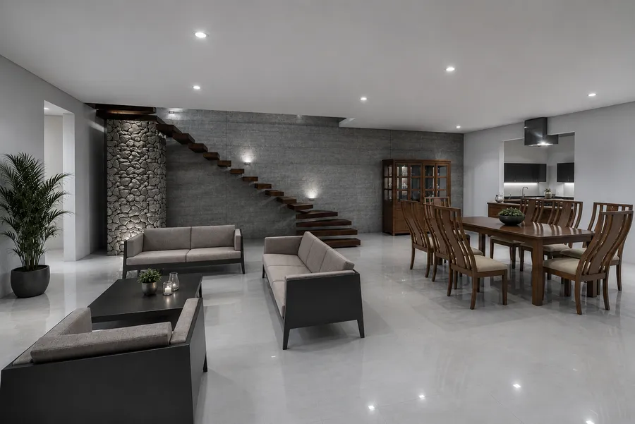 Render fotorrealista de interior con sala y comedor, muro de piedra y escalera flotante