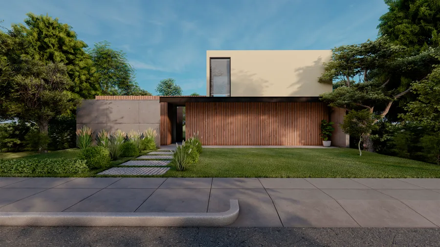 Render fotorrealista de fachada residencial minimalista, vista frontal diurna