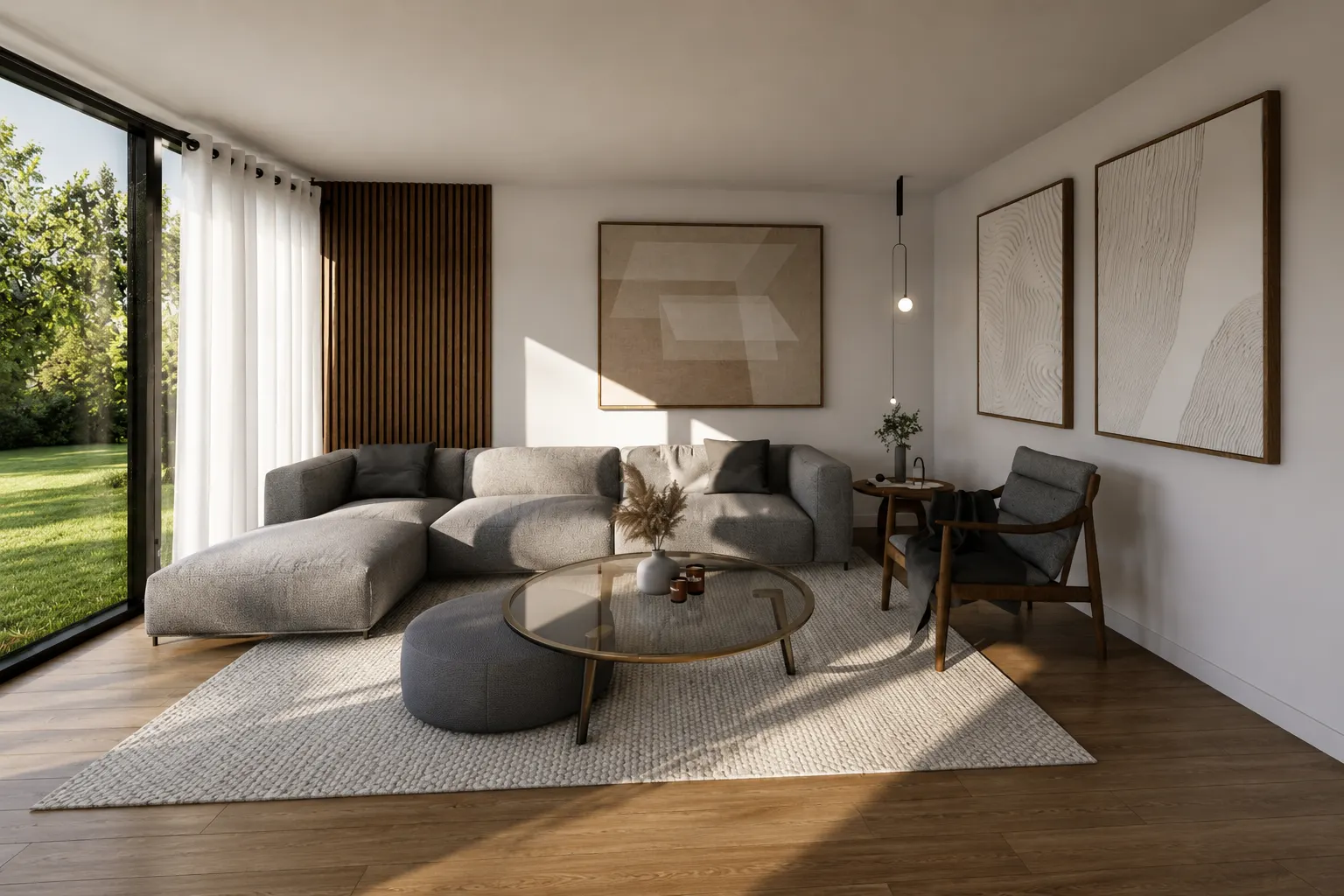 Render de interior de sala en tonos grises con detalles de madera
