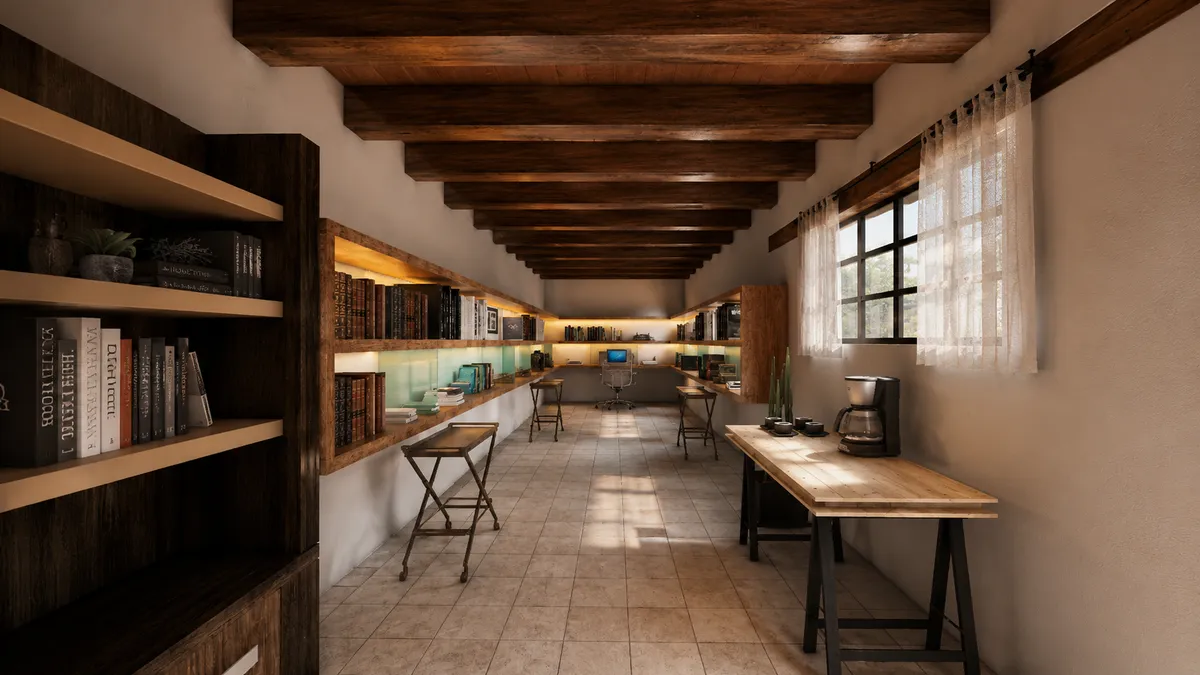 Render fotorrealista de interior de biblioteca y espacio de trabajo