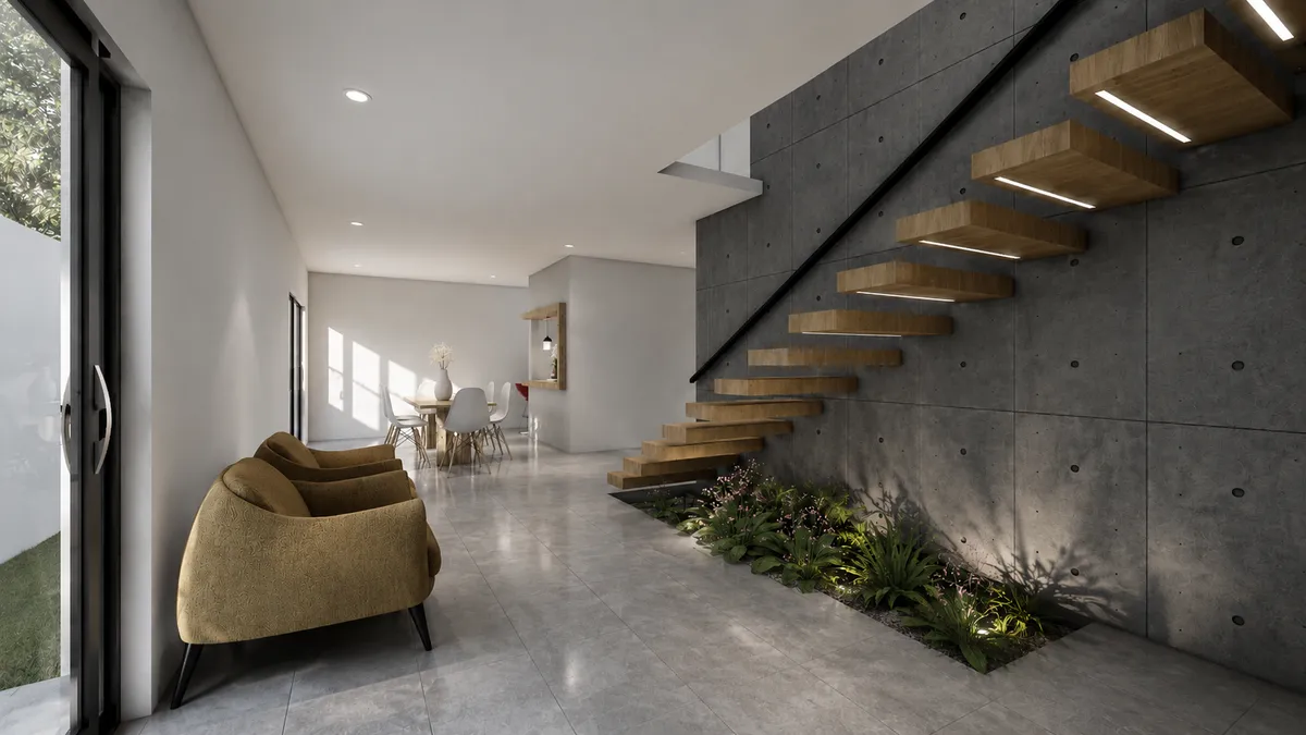 Render fotorrealista de interior con pasillo y escalera de madera